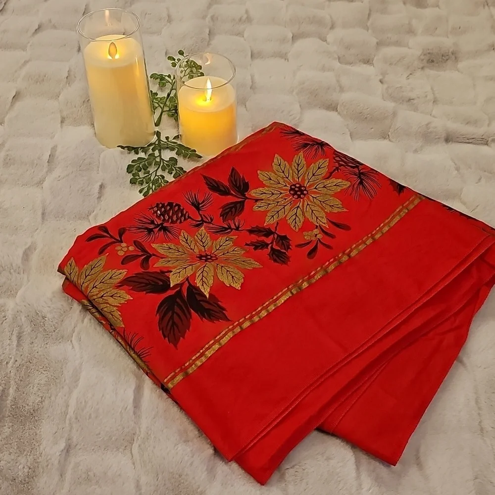 Vintage MCM Mid-Century Modern Festive Red Floral Rectangular Tablecloth EUC